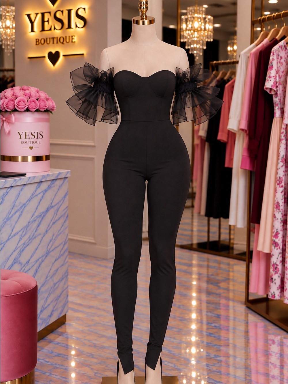 Off-Shoulder Black Jumpsuit with Tulle Sleeves